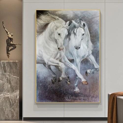 Wild Animal Art Two White Horses Running Canvas Painting Posters and Prints Cuadros Wall Art for Living Room Home Decor
