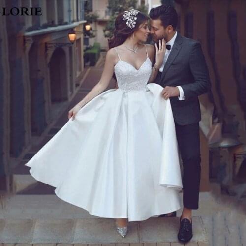 LORIE Boho Short Wedding Dress Satin Spaghetti Strap A Line Appliques Beach Wedding Bride Gowns vestido de noiva 2021