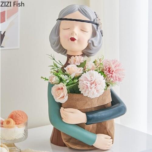Creative Resin Vase Decoration Cute Girl Sculpture Vase Flower Arrangement Northern Europe Home Crafts Artificial Flower Vase
