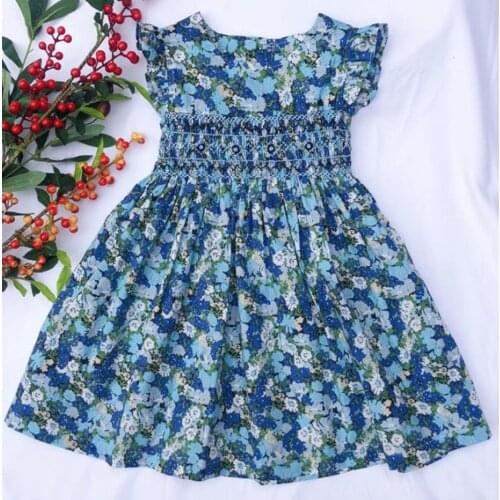Baby girl summer vintage floral printed smocking dress kids sleeveless sweet cotton princess a-line dress