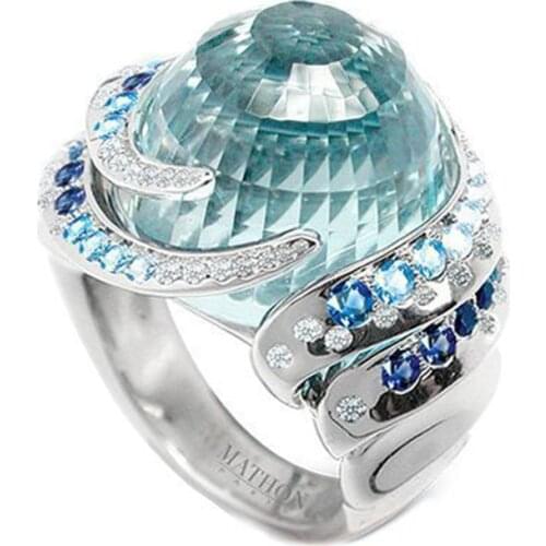 Fashion Exaggerated Jewelry Brand Luxury Big Ocean Blue Color Crystal Wedding Rings Jewelry for Women Full Sizes Wholesale