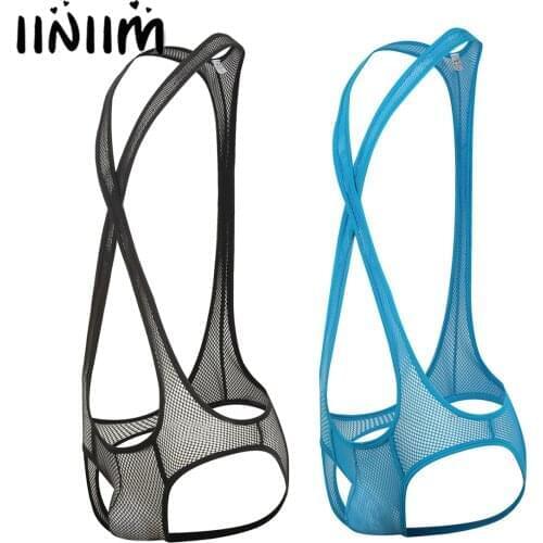 Mens Open Butt Bodysuit Back Crisscross Bulge Pouch G-string Sheer Mesh Leotard Jockstrap Underwear Wrestling Singlet Jumpsuit