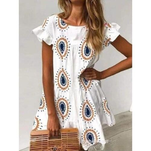 2021 New Bohemian Round Neck Water Drop Print Dress Summer Mini Dress Women Summer Beach Holiday Sundress Plus Size Y2k Dress