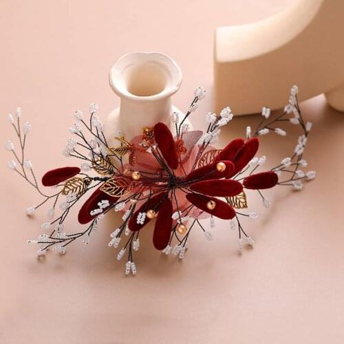 Hair Clips New Red Flower Hair Ornament Handwoven Dress Hairpin Brides Marriage Headdress Barrettes Wedding Accessories Fashion