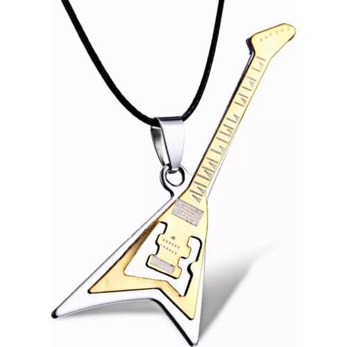 Rinhoo Women Men Musical Guitar Pendant Necklace Stainless Steel Necklaces Leather Chain Fashion Hot Pop Music Festival Jewelry