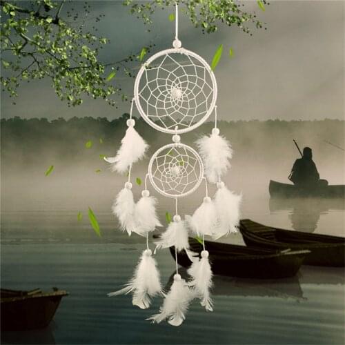 Two Rings White Dream Catcher With Feather Pendant Pure Handicrafts Home Decorat Wind Chimes & Hanging Decorations
