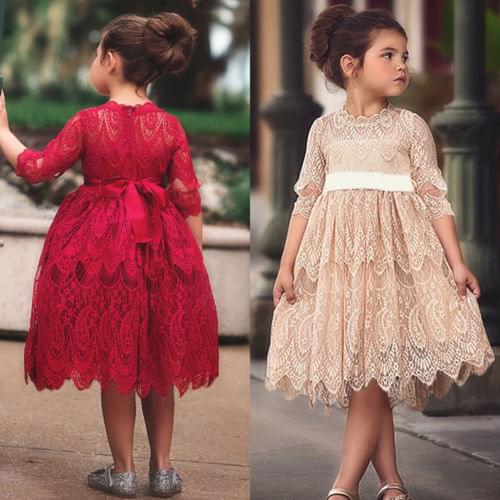 Girls Flower Princess Long Sleeve Formal Party Pageant Lace Solid Dresses Size 3-7Y