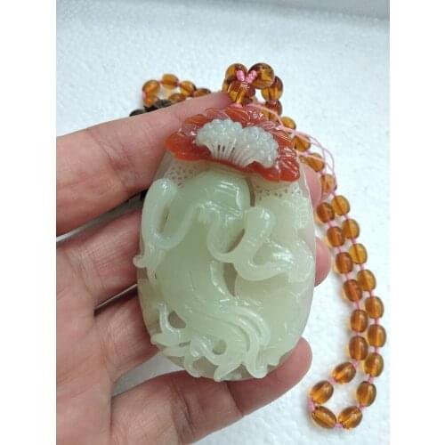 Superb Jade Pendant Amulet Carven Panax ginseng Hanging Lucky implied meaning Bless plain sailing