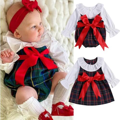 Christmas Sister Baby Girls Matching Outfits Romper/Dress Peter Pan Collar Long Sleeve Big Bow Plaid Print Outfits One Piece