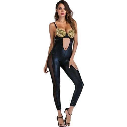 Sexy Jumpsuit Women Rivet Clubwear V-Neck Playsuit Sleeveless Romper Bodycon Party Jumpsuit Female Summer Backless Jumpsuits