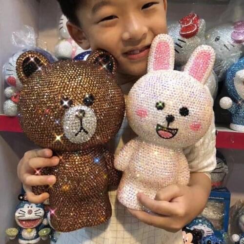 Full Rhinestones Cute Bear Rabbit Money Bank for Kids Sparkling Figurine Coins Saving Box Handmade Desk Decoration Anime Decor
