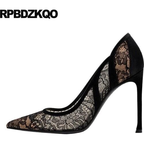 Elegant Female Ladies Dress Shoes High Heels 3 Inch Designer Pointed Toe Sexy Party Evening 2018 Pumps Size 4 34 Lace Black Thin