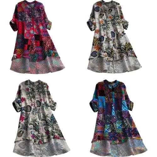 Women Casual Cotton and Linen Printed Shirt Adults Loose Button Down Long Sleeve Stand Collar Asymmetric Hem Cardigan T-shirts