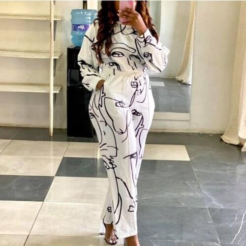Ladies 2 Pieces Top and Pant Sets Autumn Fall Printed Fashion Causal White Printed High Street Outfits Two Pieces Matching Sets