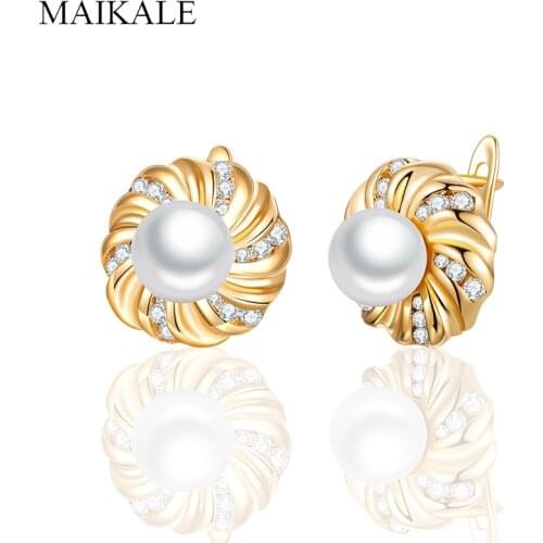 MAIKALE Fashion Small Gold/silver Color Flowers Pearl Cubic Zirconia Stud Earrings for Women Jewelry Simple Gift High Quality