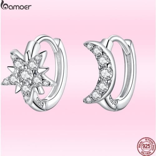Bamoer GAE289 925 Sterling Silver Exquisite Moon & Star Hoop Earrings Women Festival Gift Fine Jewelry Hypoallergenic Earrings
