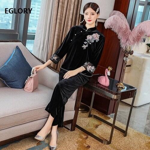 Womens Outfit 2020 Autumn Winter 2 Piece Sets High Quality Velvet Female Lurex Embroidery Coat Jacket +Long Pant Set Tracksuit