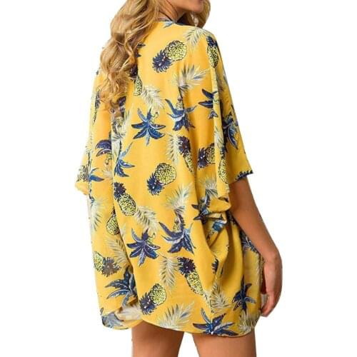 Women Half Sleeve Floral Print Bikini Cover up Loose Chiffon Kimono Cardigan 2020