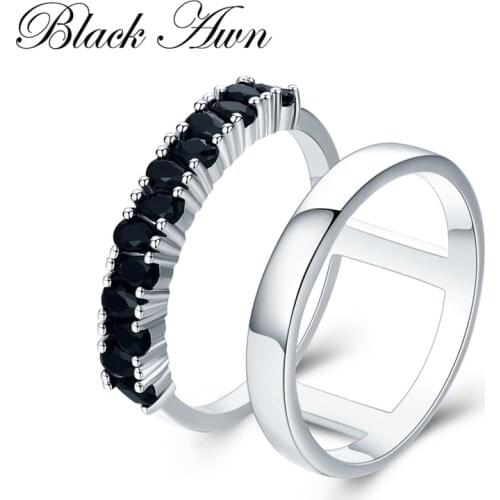BLACK AWN Real 925 Sterling Silver Ring Black Spinel Elegant Hollow Rings for Women Silver 925 Jewelry G034