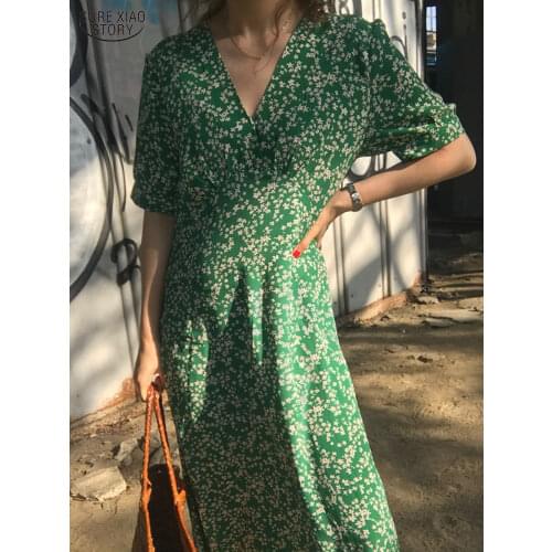 2021 Summer Floral Print Off The Shoulder Dress Women Long Sweet Short Sleeve Vintage Beach Chiffon Ruffles Women Dress 9636