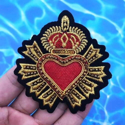 Golden Beaded Heart Shape Crown Badges Embroidered Sew on Patches for Clothing Bag Hat Sewing Stickers Applique Clothes Patch