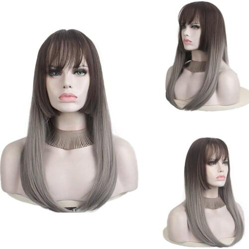 18 Inch Sexy Women Gradient Color Soft Wig Medium Straight Bobo Synthetic Wigs Party Cosplay Cute Black Wig