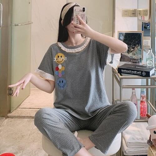 2021 Summer Cotton Short Sleeve Long Pants Pajama Sets for Women Korean Sleepwear Suit Pyjama Homewear Pijama Mujer Home Clothes