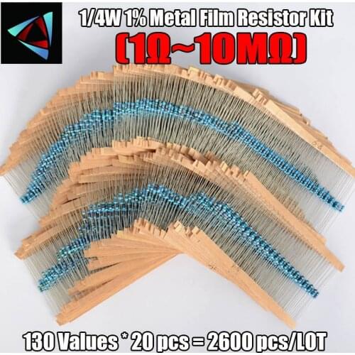 2600pcs/Box 130Value x 20pcs 1% 1/4W Metal Film Resistor Kit 1R-10M Ohm Component Pack