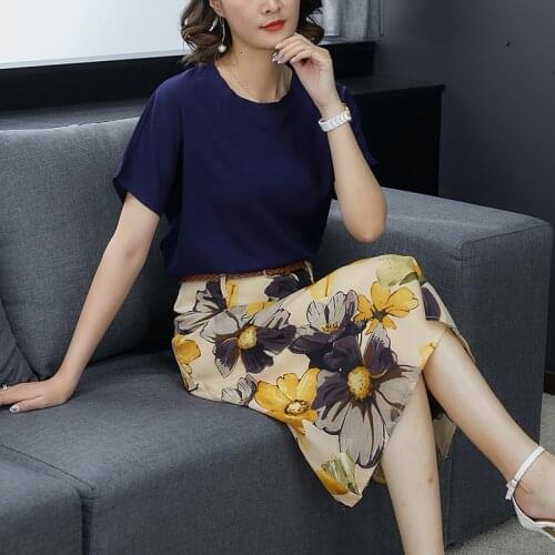 Short Sleeve O-Neck Basic Top High Waist Floral Midi Skirt With Belt Summer Elegant 2 Piece Set Women Casual Slim Clothes Set