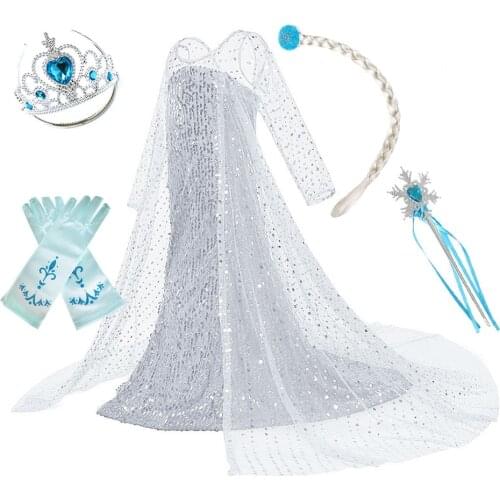 Girls Elsa White Dress Kids Snow Queen 2 Fancy Princess Costume Children Birthday Party Cosplay Elza New Summer Clothes