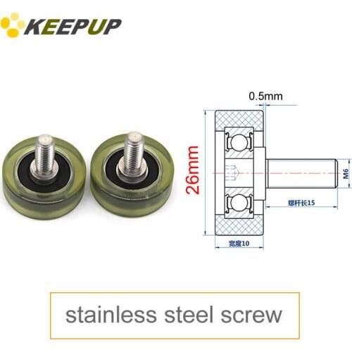 Diameter 26mm, M6 screw,PU polyurethane bearing with stainless steel screw rod,Rubber coated soft pulley/Roller,guide wheel