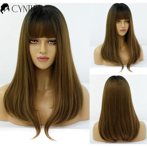 Long Straight Black to Brown Ombre Synthetic Wig For Black White Women Daily Heat Resistant Natural Fake Hair With Bangs Wigs