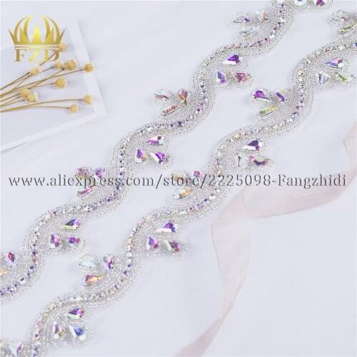 FZD Wholesale 10 Yard Handmade Beaded Hot Fix AB color Sew On Bridal Applique Rhinestone Trim DIY Wedding Belt Sash Garters