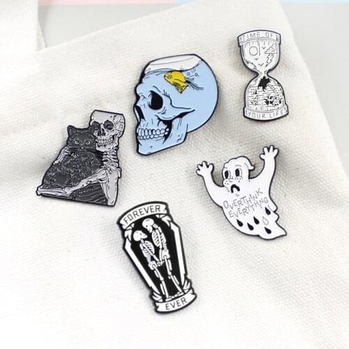 Blue Skull Head Fishbowl Brooch Enamel Pin Black And White Your Life Hourglass Skeleton Cat Hug Gothic Brooches Jewelry