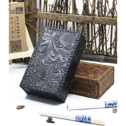Classic Handmade Cowhide Tang Grass Flower Leather Cigarette Case Holder 20 Sticks Cigarettes Ultra-thin Portable Smoking Box