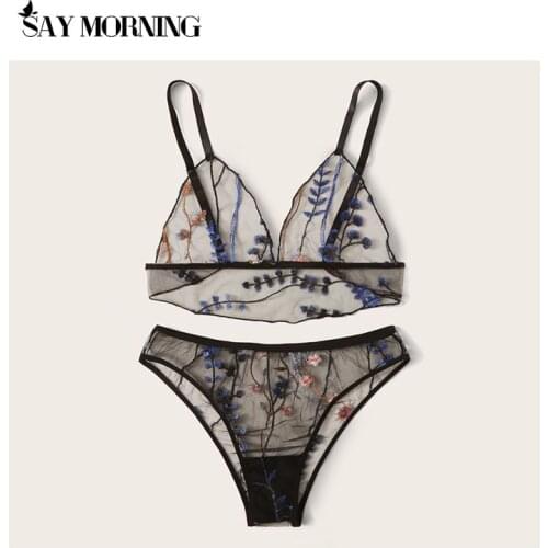 SAY MORNING new womens lingerie set lace mesh embroidery wirefree comfortable bra set sexy perspective lace thong underwear set