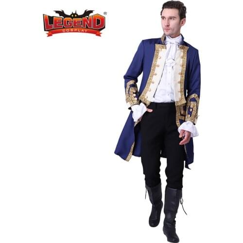 Cosplay legend 18th Century Colonial Military Officer Blue White Uniform Jacket Adult Mens Regency Tailcoat Costume WH001