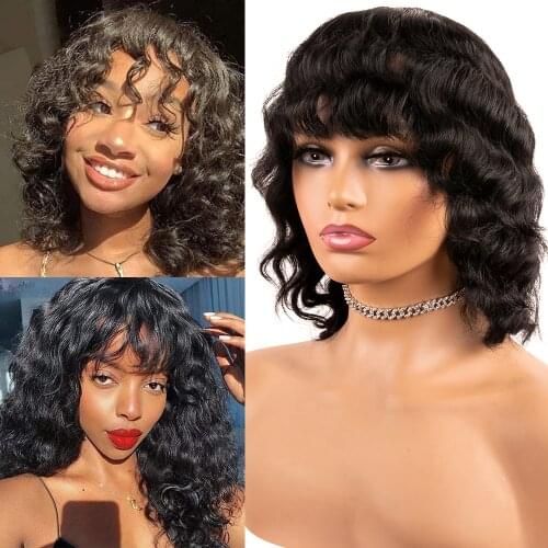 Short Natural Curly Bob Remy with Bangs Loose Wave Female Black Ginger Women 12 Inch Brazilian Human Hair Blonde Upart Wig Sale
