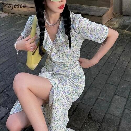 Dresses Women French Style Soft Harajuku Side-slit Sexy Ladies Vestidos Ruffles Mid-Calf Summer Hot Selling Holiday Fashion Chic