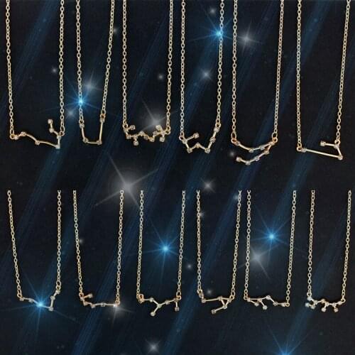 Twelve Constellations Simple Crystal Stick Pendant Silver Plated Golden Necklace for Women Men