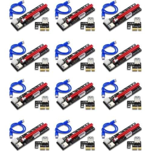 12PCS VER103C 3In1 Power PCI-E Riser Card LED 4Pin 6Pin Sata 15Pin Express 1X to 16X 60CM Extension Cable for Bitcoin