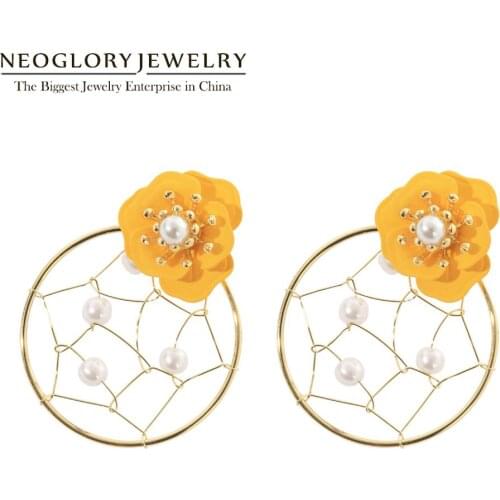 Neoglory Metal Mesh Pearl Enamel Flower Stud Earrings for Women Korea Design Round Circle Ears Accessories Gift For Girl Friend