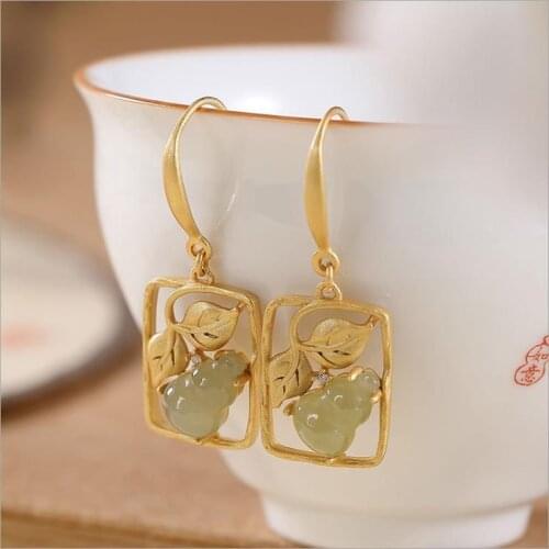 Natural Hetian jasper gourd geometric plant earrings Chinese style retro niche design womens brand silver jewelry