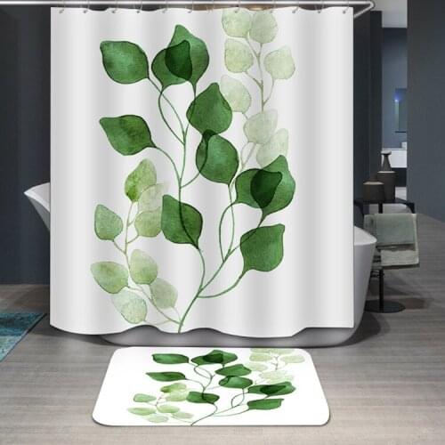 On Sale leaves Patten Waterproof Shower Curtain Set with 8 Hooks Bathroom Curtains 3JL607