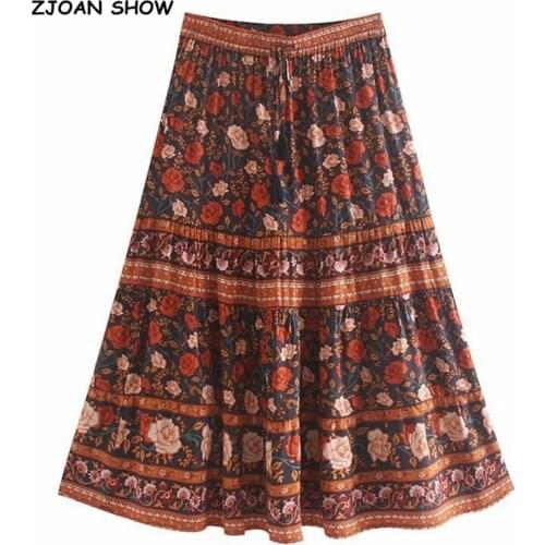 2019 Bohemian Stream Flower Print Long Skirt Stitching Ruched Ruffle Hem Holiday Women Lacing up Stream Waist Swing Skirts Beach