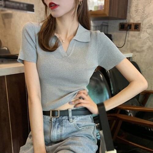Summer New Womens Solid V Neck Fashion Casual Short Sleeve Knitted T-Shirt Tops
