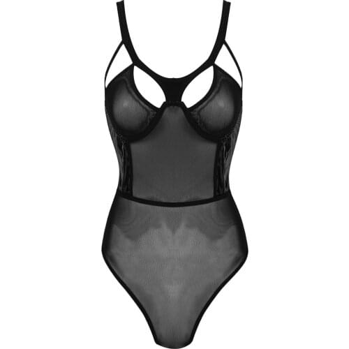 Women Skinny See-through Mesh Cutout Bodysuit Female Sleeveless Patchwork Wet Look Jumpsuit Slim Fit Sexy Lingerie Costumes