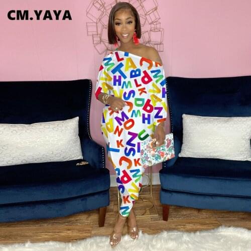 CM.YAYA Women Set Letter Print Full Sleeve Skew Collar Long Asymmetrical Tops Skinny Pencil Pants Two 2 Piece Sets Autumn Outfit