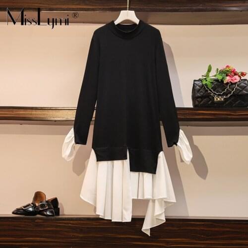 M-4XL Plus Size Women Asymmetric Dress Autumn 2020 High Street Fashion Long Sleeve Knitted Cotton Patchwork Ruffle Dresses