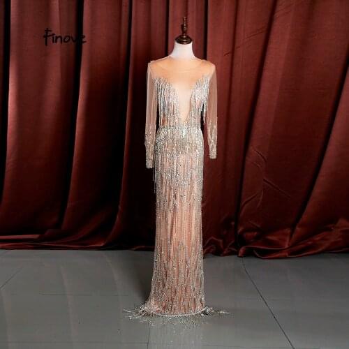 Finove 2020 New Evening Dress O-neck Backless Beading Tassels Long Sleeves Sexy Deep Split Floor length Lady Party Prom Gowns
